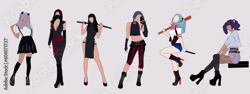 Set of Cosplay beautiful women with suit . Vector illustration isolated