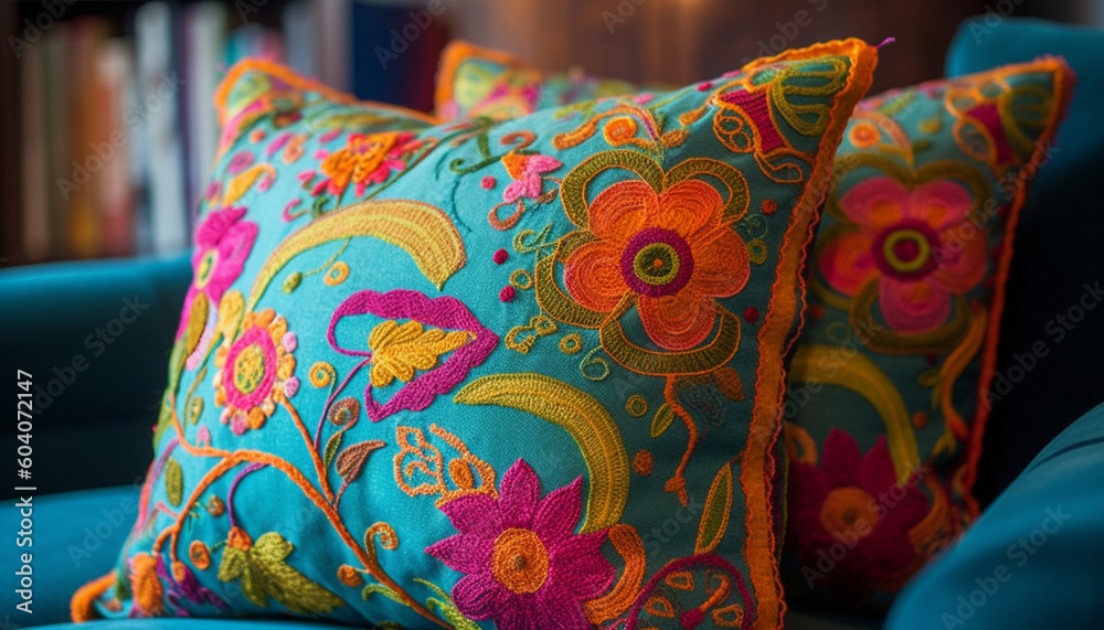 Soft silk cushion on ornate velvet chair generated by AI