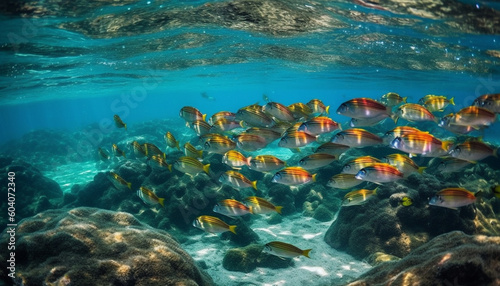 School of fish swim in coral reef generated by AI