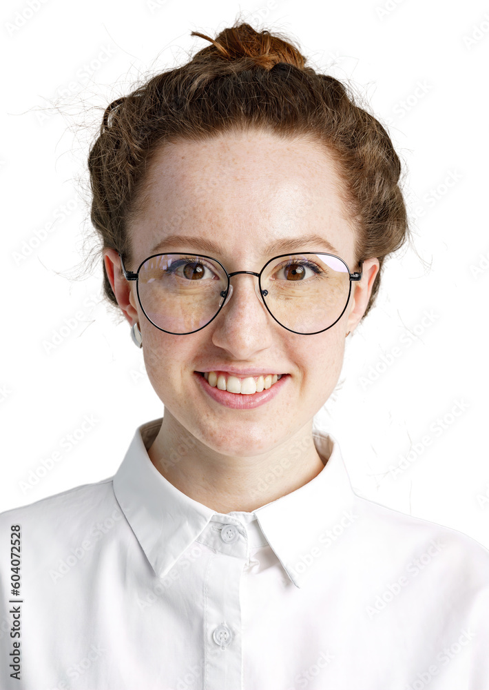 Close portrait of a young female student with glasses, transparent background, png.