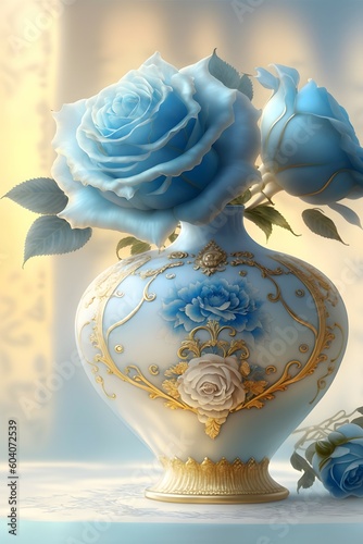 Valokuva a few beautiful blue roses in a white retro glazed vase, gentle fairy mist, dew