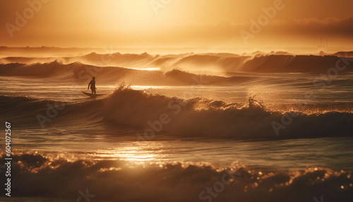 Silhouette of men surfing at sunset, spraying motion generated by AI