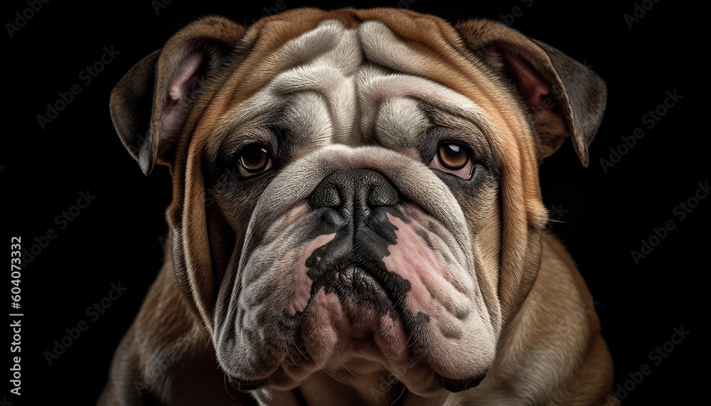 Cute bulldog puppy looking sad indoors, close up portrait generated by AI