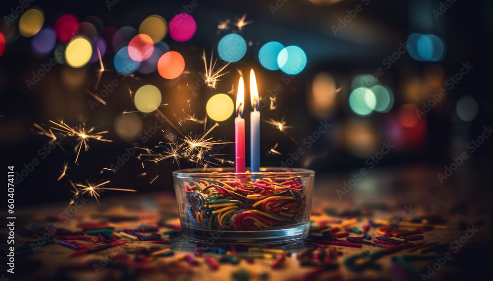 Glowing candle illuminates festive birthday celebration table generated by AI