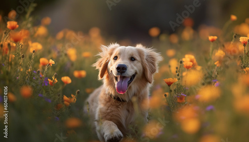 Smiling puppy plays in the green meadow generated by AI