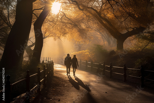 A couple walking in a park in the morning 