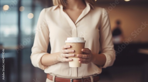 Close up of a young woman holding coffee cup at workplace. Generative AI.