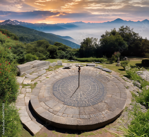 Landscape with an old sundial abandoned in a wild mountainous area.