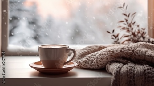 Gemütliche, winterliche Tasse heißen Kakaos und eine braune kuschelige Decke auf einer Fensterbank mit Ausblick in den verschneiten Garten, Generative AI