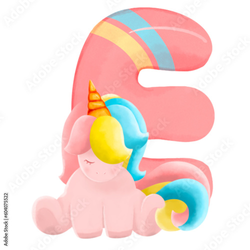 Alphabet with cute unicorn, font in hand-drawn cartoon style. Vector illustration for your design