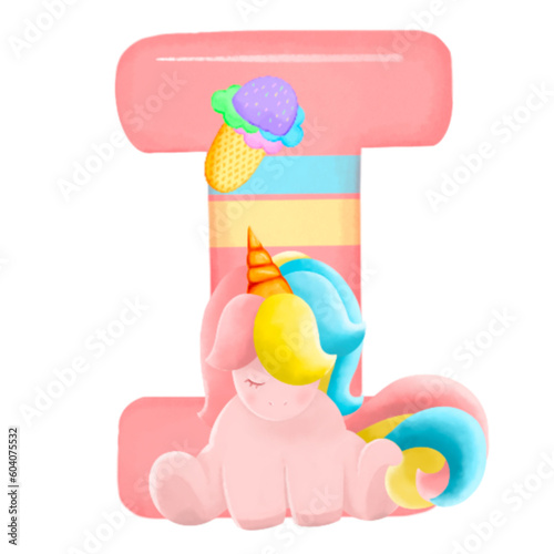 Alphabet with cute unicorn, font in hand-drawn cartoon style. Vector illustration for your design