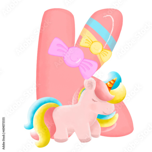Alphabet with cute unicorn, font in hand-drawn cartoon style. Vector illustration for your design