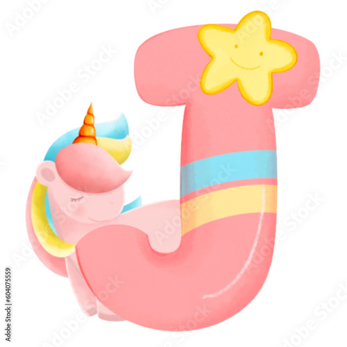 Alphabet with cute unicorn, font in hand-drawn cartoon style. Vector illustration for your design