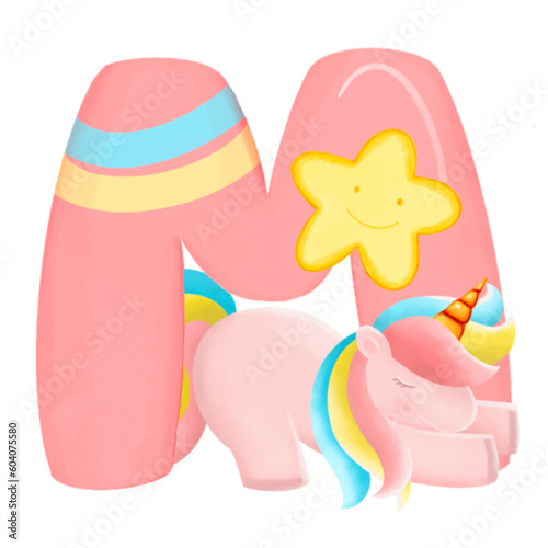 Alphabet with cute unicorn, font in hand-drawn cartoon style. Vector illustration for your design