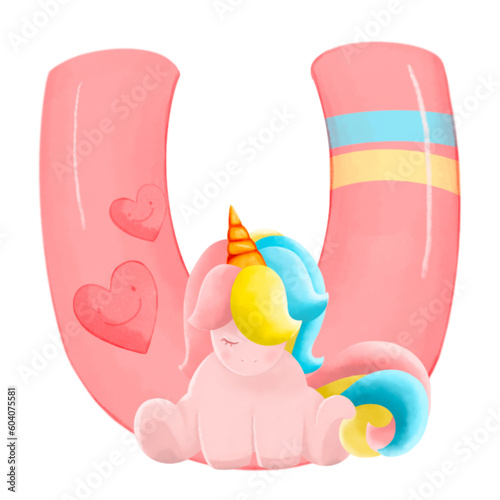 Alphabet with cute unicorn, font in hand-drawn cartoon style. Vector illustration for your design
