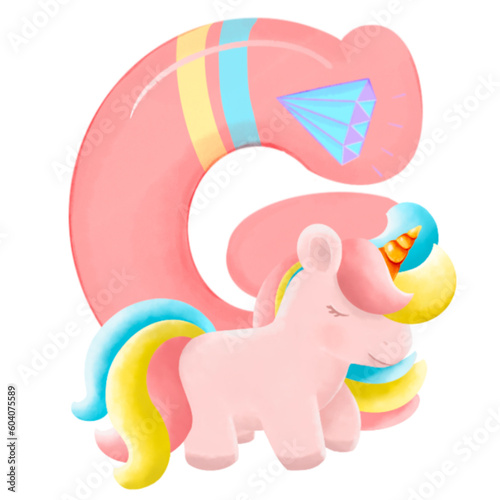 Alphabet with cute unicorn, font in hand-drawn cartoon style. Vector illustration for your design