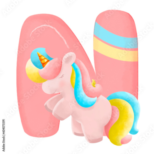 Alphabet with cute unicorn, font in hand-drawn cartoon style. Vector illustration for your design