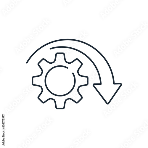 Spinning gear and down arrow. Decrease in technical possibilities. Engineering, functional degradation.Vector linear icon isolated on white background.