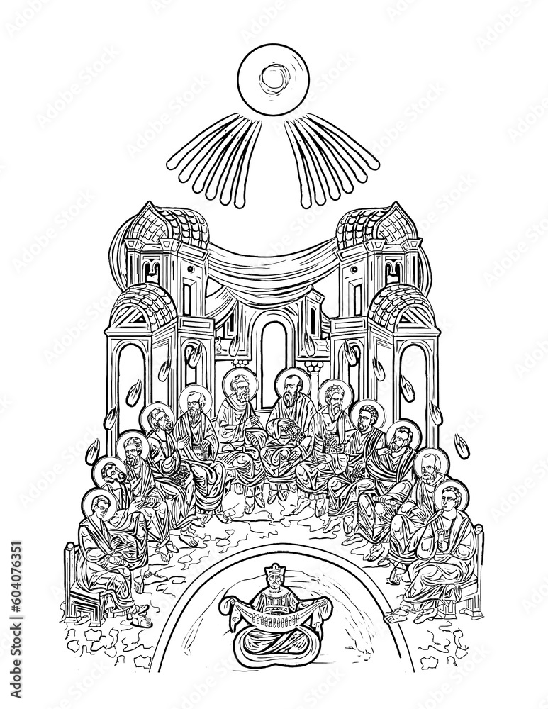 White Sunday. The descent of the Holy Spirit upon the Apostles. Pentecost illustration in byzantine style. Coloring page on white background