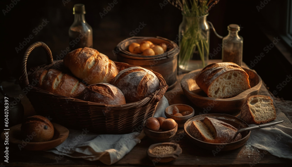 Freshly baked rustic bread in homemade basket generated by AI Freshly baked rustic bread in homemade basket generated by AI