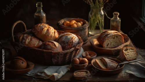 Freshly baked rustic bread in homemade basket generated by AI