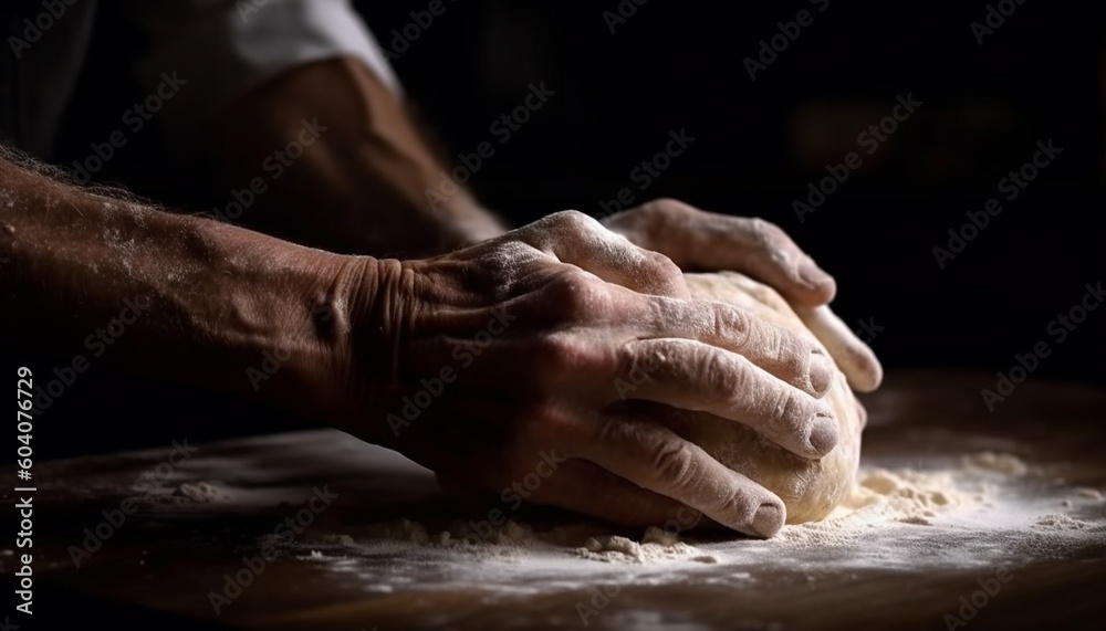 Close up of hand kneading homemade bread dough generated by AI