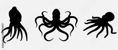 isolated black silhouette of a octopus , vector collection