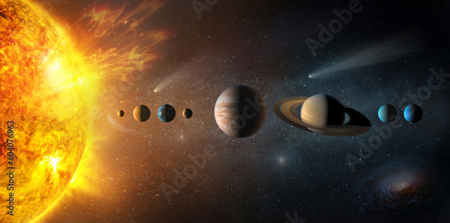 Sun, Mercury, Venus, Earth, Mars, Jupiter, Saturn, Uranus, Neptune. , galaxies, stars, comet, asteroid, meteorite, nebula. Space panorama of the universe. Elements of this image furnished by NASA .