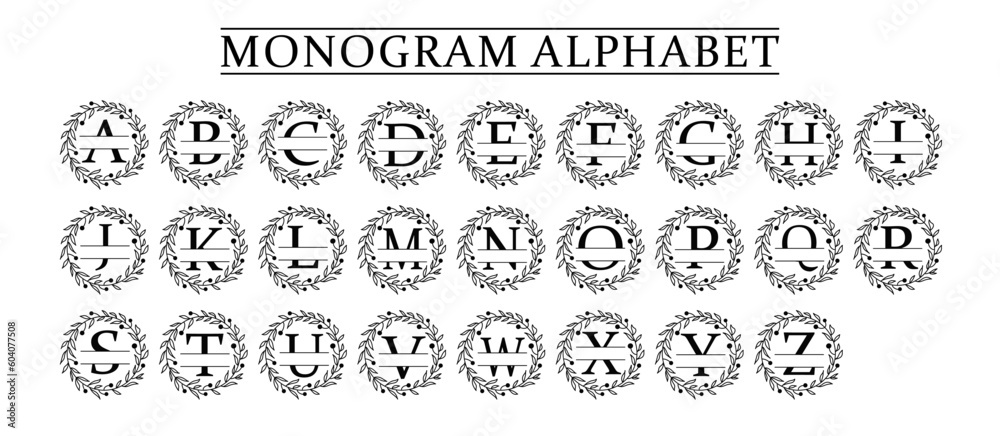 family Monogram letter A-Z, Set of Split alphabet for monogram. Monogram alphabet. Vector illustration for wedding invitation. Set of initial with decorative plant frame and text space family Monogram letter A-Z, Set of Split alphabet for monogram. Monogram alphabet. Vector illustration for wedding invitation. Set of initial with decorative plant frame and text space