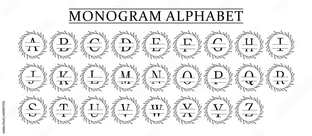 family Monogram letter A-Z, Set of Split alphabet for monogram. Monogram alphabet. illustration for wedding invitation. Set of initial with decorative plant frame and text space 