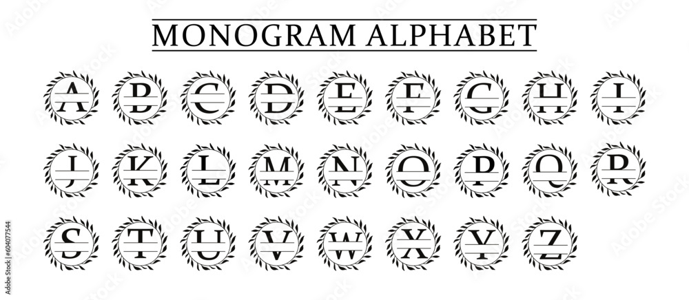 family Monogram letter A-Z, Set of Split alphabet for monogram. Monogram alphabet. Vector illustration for wedding invitation. Set of initial with decorative plant frame and text space family Monogram letter A-Z, Set of Split alphabet for monogram. Monogram alphabet. Vector illustration for wedding invitation. Set of initial with decorative plant frame and text space
