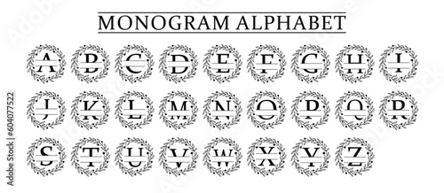 family Monogram letter A-Z, Set of Split alphabet for monogram. Monogram alphabet. Vector illustration for wedding invitation. Set of initial with decorative plant frame and text space 