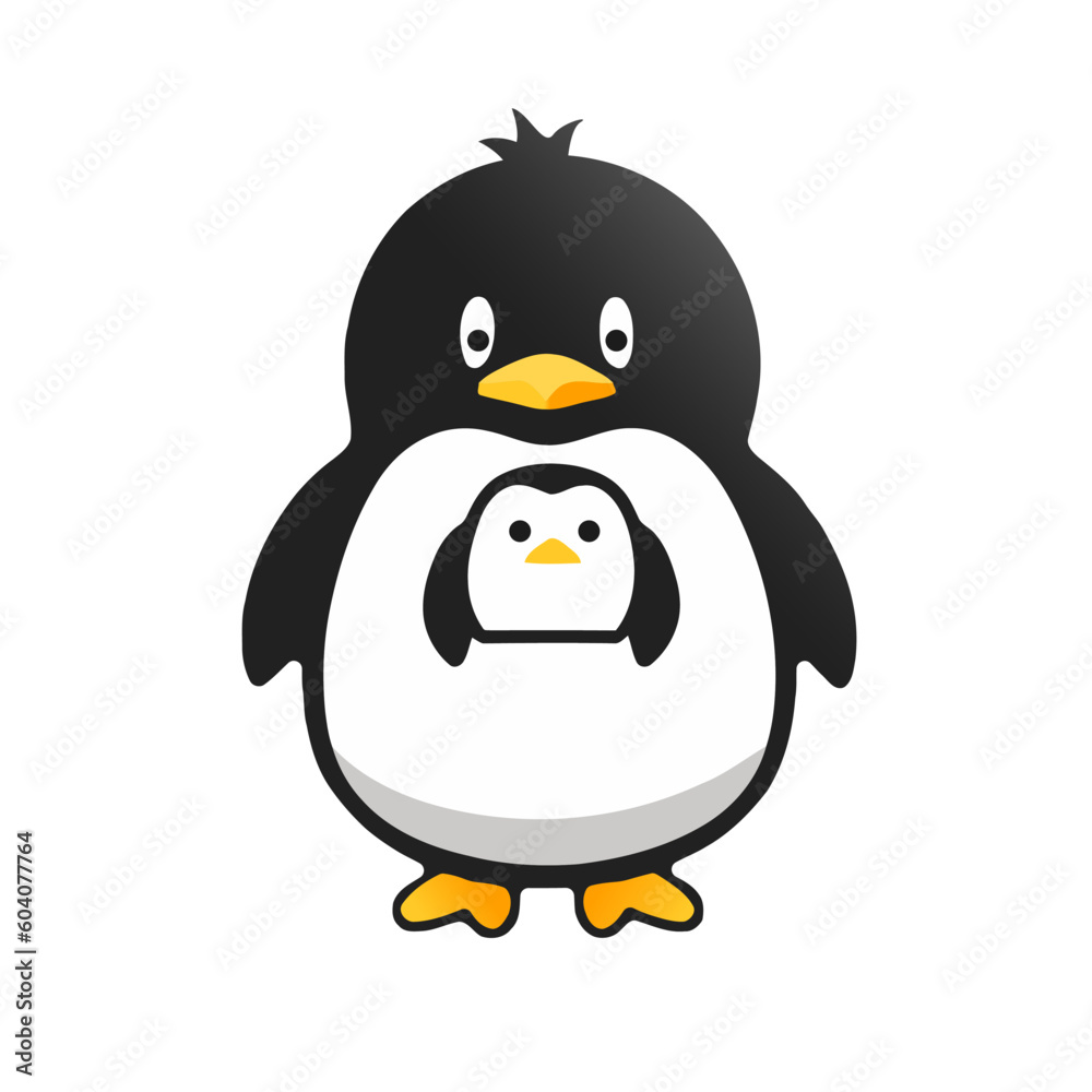 Obraz premium Cute penguin character with a portrait of a little penguin on his chest, vector illustration.