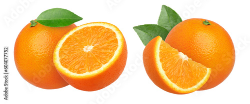 orange fruit with leaves and half isolated, Orange fruit macro studio photo, transparent png, PNG format, cut out