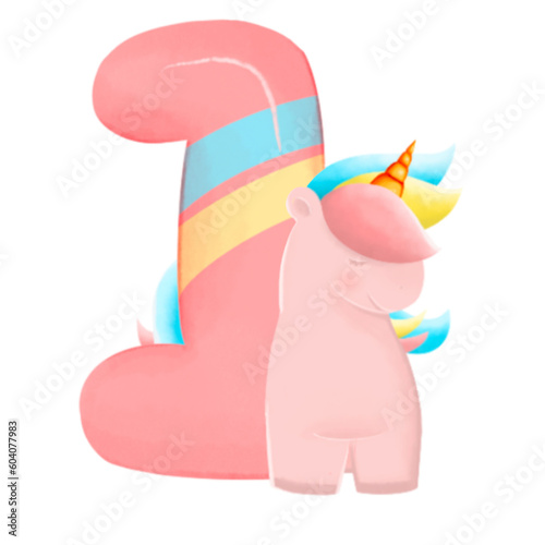 Number with cute unicorn, font in hand-drawn cartoon style. Vector illustration for your design