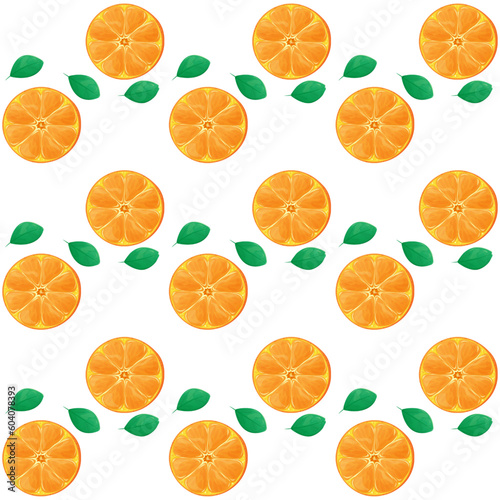 Seamless pattern with round orange slices and leaves on a white background