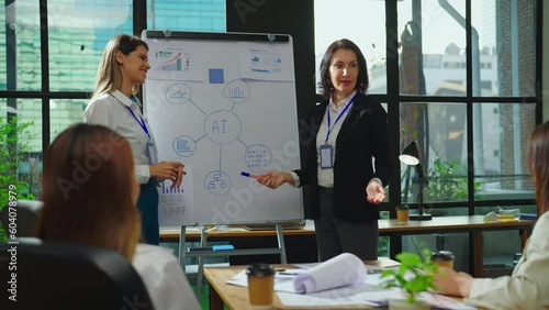 Woman manager talking to executive team diverse group at boardroom meeting. She explaining about ai or technology with team.