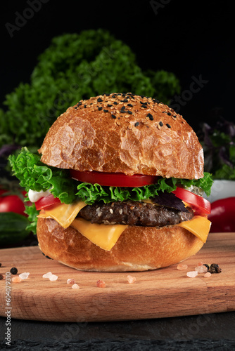 Hamburger with beef patty and fresh vegetables on a black background.