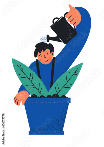Personal self-development, self-care concept. Man in flowerpot watering himself.