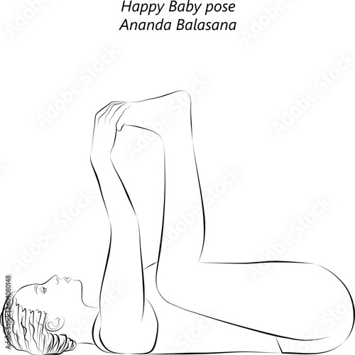 Sketch of young woman practicing yoga, doing Blissful Baby pose or Happy Baby or Dead Bug pose. Ananda Balasana. Supine and Balansing. Beginner. Vector illustration isolated on transparent background.