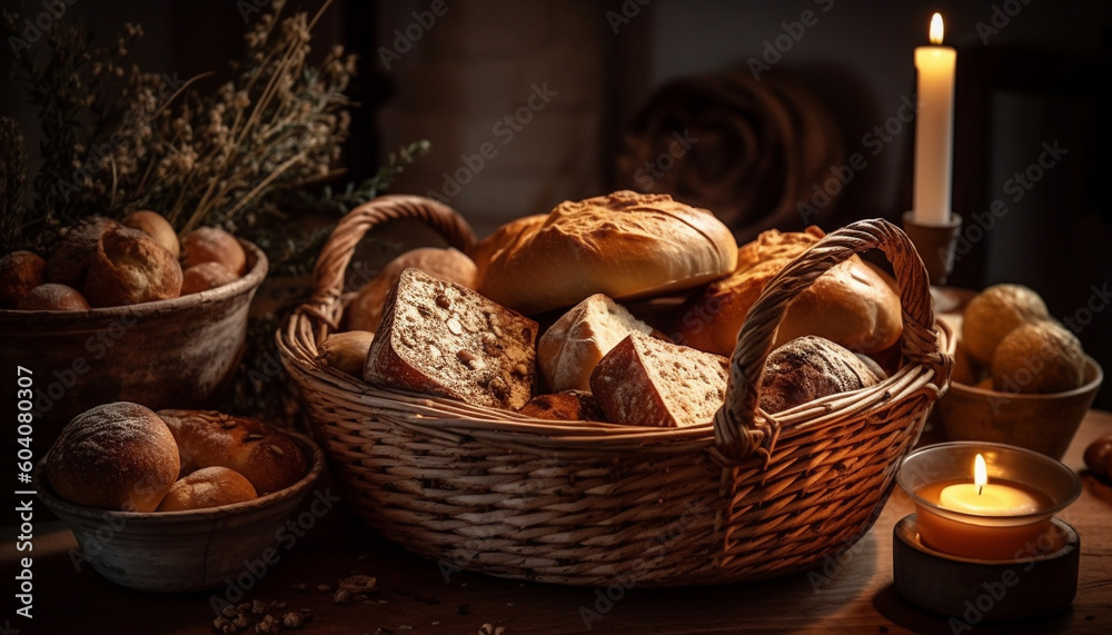 Rustic basket holds fresh baked organic bread generated by AI