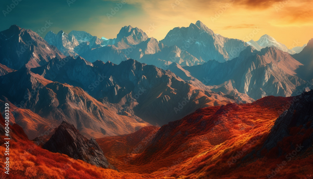 Majestic mountain range, panoramic beauty in nature generated by AI