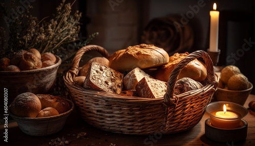 Rustic basket holds fresh baked organic bread generated by AI