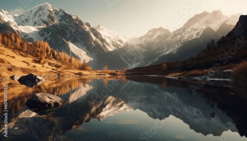 Majestic mountain range reflects tranquil scene beauty generated by AI