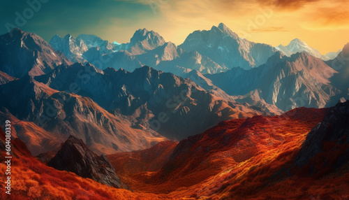 Majestic mountain range, panoramic beauty in nature generated by AI