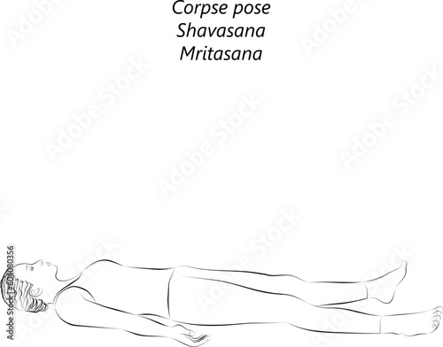 Sketch of young woman practicing yoga, doing Corpse pose. Shavasana or Mritasana. Supine and Neutral. Beginner. Vector illustration isolated on transparent background.