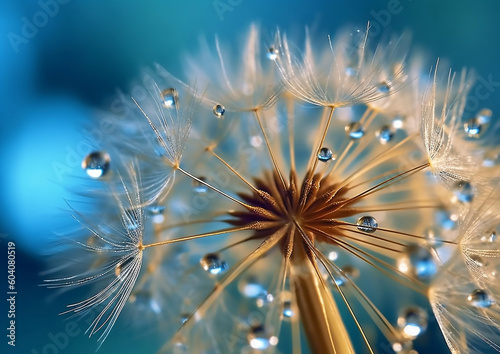 Dreamy Macro Shot of Dew-Covered Dandelion with Golden Parachute Seeds, generative AI