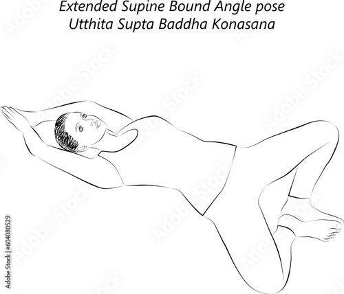 Sketch of young woman practicing yoga, doing Extended Supine Bound Angle pose. Utthita Supta Baddha Konasana. Supine and Neutral. Beginner. Vector illustration isolated on transparent background.