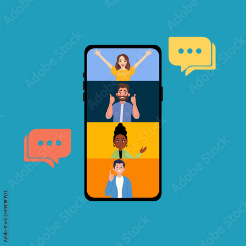 Video call conference, working from home, social distancing, business discussion. People talking on video conference. Smartphone, friend, chat flat vector illustration. Zoom. Google Meet. Webex.