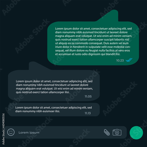 Mockup of mobile messenger, Whatsapp chat in dark mode. Modern design. Vector illustration. EPS10. Facebook. Line. We Chat. WeChat. Iphone Chat. IMessage. Twitter tweet. Instagram.